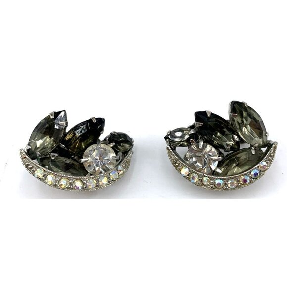 Juliana D&E Earrings Huggies Rhinestone Smoky Gray Clip On Crescent Moon - Picture 1 of 5